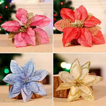 10 шт., рождественские украшения, однотонные, золотистые, с розовым краем, Рождественский цветок 13 см, маленький цветок, гирлянда для рождественской елки, аксессуары 10PC серебряный