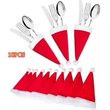 10 шт. Рождественские украшения Рождественские шапки Нетканые шапки Рождественские шапки Наборы ножей и вилок Рождественские украшения для бутылок вина 10PCS красный