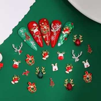 10 шт., Рождественский маникюр со стразами для ногтей, рождественский мультяшный дизайн, колокольчики с лосем, Рождественская елка, сплав, стразы, аксессуары для ногтей I