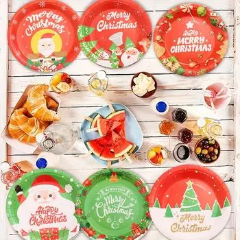 10 шт. Рождественское украшение для вечеринки, мультфильм, 7 дюймов, рождественская бумажная тарелка, одноразовая тарелка