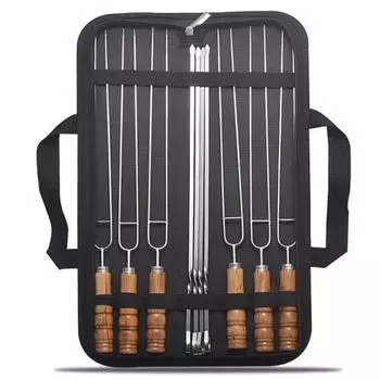 10 шт. шампуров для барбекю из нержавеющей стали с деревянной ручкой, набор для гриля на открытом воздухе, жаровни, инструменты с сумкой для хранения, вилки для барбекю чёрный