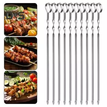 10 шт. шампуров для гриля, плоские палочки для шашлыка из нержавеющей стали, многоразовые палочки для гриля для мяса, курицы, овощей, устойчивые к ржавчине и жаростойкие 10 pcs