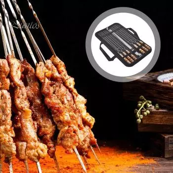 10 шт., шампуры для барбекю из нержавеющей стали, набор с деревянной ручкой, уличный гриль для кемпинга, жаровни, инструменты с сумкой для хранения, вилки для барбекю для мяса на гриле, креветки чёрный