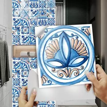 10 шт., синий цветочный орнамент, наклейка на плитку, кухонный щиток, маслостойкая ванная комната, водонепроницаемая, домашний декор, наклейки на стены, художественная фреска 10cmX10cmX10pcs