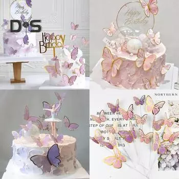 10 шт., украшение для торта с бабочками, золотисто-розовая вставка, открытка, креативный день рождения, свадьба, декор для десертного стола, 3D топпер для торта, товары для вечеринок розовый