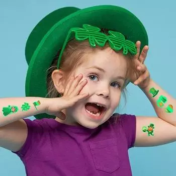 10 шт. ул.. День святого Патрика детские татуировки на тело наклейки трилистник с богатым узором мультяшная водонепроницаемая зеленая шляпа одноразовая временная татуировка клевер