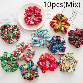 10 шт./уп. Счастливого Рождества Женские Шикарные Бархатные Повязки для Волос с Принтом Леди Девушки Держатель для Хвоста Резинки для Волос Эластичные Аксессуары для Волос