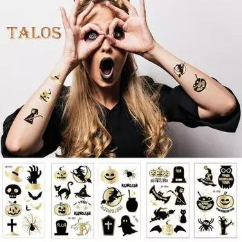 10 шт. Временные татуировки на Хэллоуин, безопасные для кожи, разнообразные поддельные татуировки с угощениями или трюками, легко наносимые наклейки для татуировок для мальчиков и девочек 10 pcs