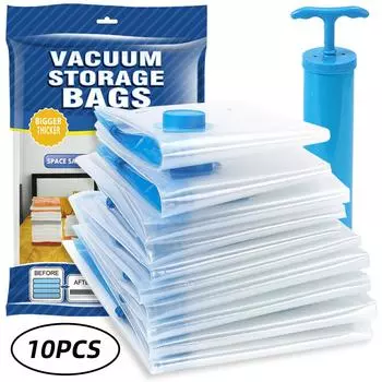 10 шт., вакуумные пакеты для хранения, толстые многоразовые, без утечек, с ручным насосом для одеяла для одежды прозрачный
