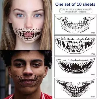 10 шт. забавные татуировки на Хэллоуин наклейки на лицо наклейки на рот зубы татуировки наклейки водонепроницаемые темные ветряные макияж временные татуировки