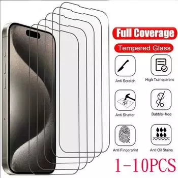 10 шт. закаленное стекло для IPhone 15 14 13 12 11 Pro Max Защитная пленка для экрана для IPhone 12Mini 13Mini 14 15 Plus Стекло for iPhone15 1pcs прозрачный