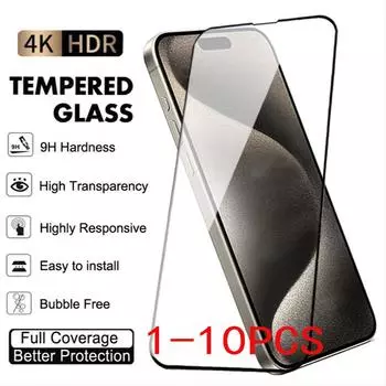10 шт. закаленное стекло с защитой от взрыва для Apple iPhone 15 14 Plus 13 12 Mini 11 Pro Max Защитная пленка для экрана iPhone X XR XS Max Защитная пленка iPhone15 1Pcs чёрный