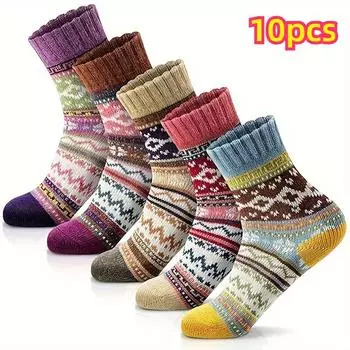 10 шт. женских цветных зимних носков с плетением, толстые и теплые плюшевые носки, дышащие и теплые повседневные носки средней длины, зимние подарки 10pcs
