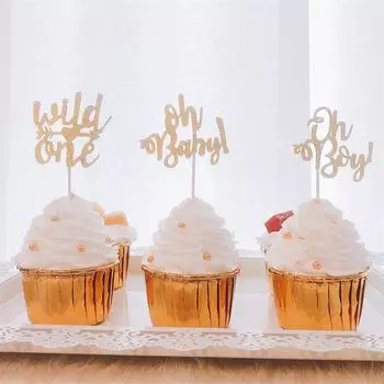 10 шт., золотой топпер для кексов Oh Baby для мальчиков и девочек, детский душ, раскрывающий пол ребенка, украшение для вечеринки в честь 1-го дня рождения, принадлежности для украшения торта золотой