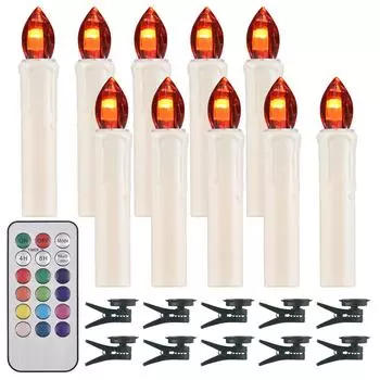 10 штук беспламенных свечей с пультом дистанционного управления и зажимом, регулируемая яркость, мерцающие светодиодные свечи на батарейках 7 Button Controller бежевый