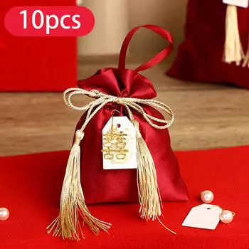 10 штук красных мешочков с завязками для свадебных угощений, атласные мешочки для подарков S