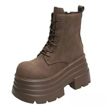 10 см ботильоны для женщин новые зимние мотоциклетные ботинки на танкетке с высокой платформой кожаные туфли женские осенние ботинки на толстой подошве 2025 34 хаки