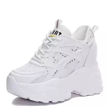 10 см кружевные дышащие блестящие кроссовки из натуральной кожи на платформе и танкетке, толстые, повседневные, летние, блестящие, женские туфли, бесплатная доставка 34 белый