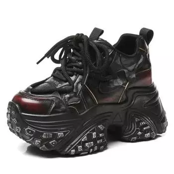 10 см натуральная кожа вулканизированная высококачественная вулканизированная женская платформа клиновидные массивные кроссовки прогулочные мокасины удобная весенне-осенняя обувь 34 чёрный