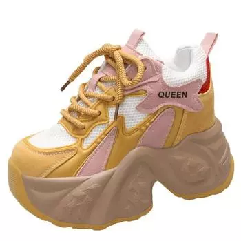 10 см Новые весенние женские кроссовки из дышащей сетки на массивной подошве на высокой платформе, повседневные туфли на шнуровке, летние спортивные кожаные туфли для женщин 34 бежевый