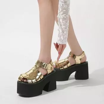 10 см толстый каблук толстая подошва сандалии для женщин высокие каблуки большой размер 43 ретро золотые женские сандалии туфли на платформе 35