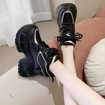 10 см высокие каблуки осенние массивные кроссовки для женщин новые спортивные сетчатые туфли на платформе женские туфли на шнуровке толстые туфли для папы женские 35