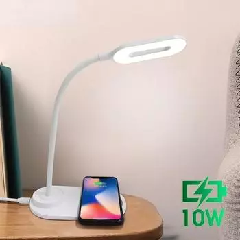 10 Вт QI, быстрая беспроводная зарядка, светодиодная настольная лампа, портативная защита глаз, гибкий на 360 градусов сенсорный контроль, ночник 10W белый