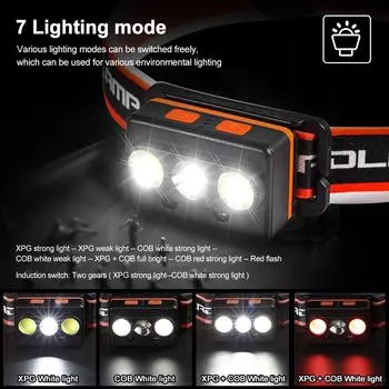 10 Вт XPG+COB светодиодный налобный фонарь с датчиком, встроенный аккумуляторный фонарик с зарядкой от USB, 7 режимов, магнитный рабочий свет