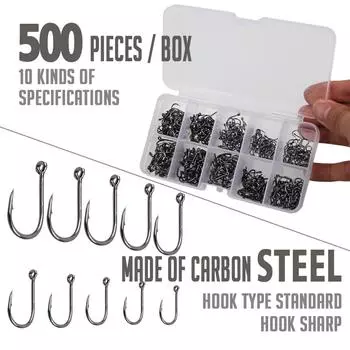 10 видов рыболовных крючков, 500 шт., острые крючки для пресной воды, набор рыболовных крючков, аксессуары для рыбалки, крючки 1