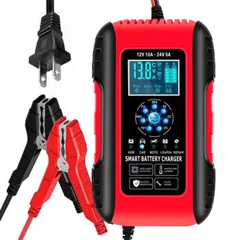 10A 12/24V Свинцово-кислотные зарядные устройства для автомобилей, мотоциклов, электромобилей, 7-ступенчатое устройство для обслуживания аккумуляторов, индикатор вспышки, удобное зарядное устройство для аккумуляторов EU Plug красный