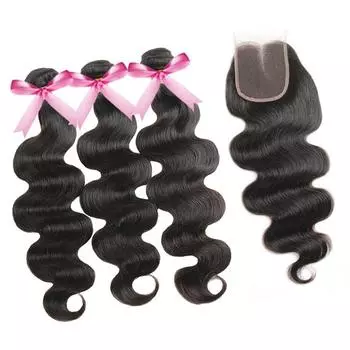 10A Бразильские волосы девственницы с наращиванием на застежке Пучки бразильских объемных волнистых волос с кружевной застежкой 4x4 Необработанные волосы Remy