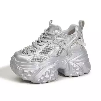 10CM Air Mesh Genuine Leather Chunky Sneaker Fashion Spring Summer Ankle Boots Hook High Brand Comfy Booties Flower Shoes Women 34