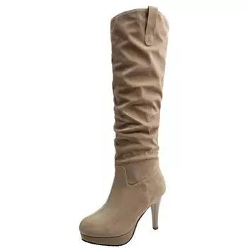 10CM Knee-High Boots Women Fashion Pointed Toe Black Zipper Autumn Winter Plush High Heels Female Shiny Pleated High Heel Botas 35 чёрный