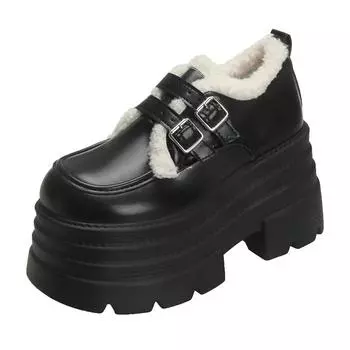 Женские кожаные кроссовки на платформе 10 см, новинка 2025 года, осенне-зимние теплые плюшевые зимние ботинки с пряжкой, толстая подошва, каблуки, хлопковая обувь для женщин 34 бежевый