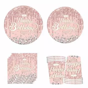 10Гости Diamond Pink Одноразовая посуда Принцесса Девушка День Рождения Корона Тарелки Чашки Салфетки Счастливая Девушка День Рождения Товары для вечеринки