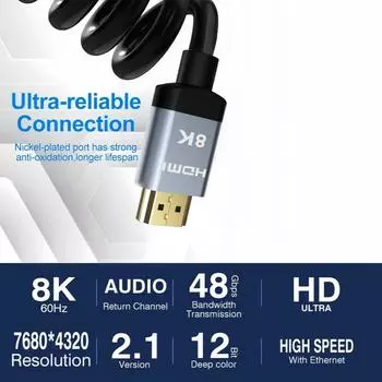 10k 8k 4k HDMI 2.1 кабель 48 Гбит/с сверхскоростной HDMI-кабель 8K60 4K120 144 Гц eARC HDR10 совместим с Roku TV/PS5/HDTV/Blu-ray 1.65FT-0.5M