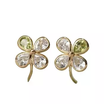 10k gold clover cubic August birthday Sa533 [Four-leaf clover] four-leaf earrings, zirconia, peridot, simple, cute, birthstone, k10, 10k, women, зелёный