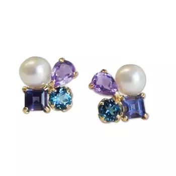 10K gold freshwater London blue 10K yellow birthday Sa532 [Four-leaf clover] earrings, pearl, amethyst, topaz, iolite, gold, k10, women s, present синий