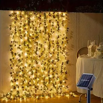 10m 100 LEDs Solar Vine String Light 8 Modes DIY Solar Ivy Fairy Lights String Light Wedding Party Garden Room Wall Decor Light Warm White