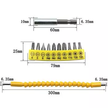 10pc Adhesive Strip Screwdriver Bit 60mm Hex Shank Extension Rod 300mm Yellow Universal Flexible Shaft Hand Tool Set