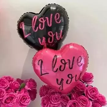 10pcs18inch Heart-shaped I Love You Balloons In Pink and Black Aluminum Foil, Perfect for Weddings, Engagements, and New Year Decorations. 10 balloons + 1 ribbon