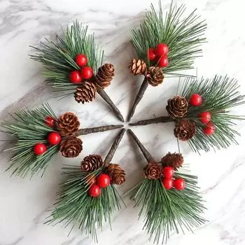 10Pcs Artificial Christmas Pine Needles Simulation Pine Cone with Holly Branches Xmas Gifts Home Party Decoration Flower Crafts