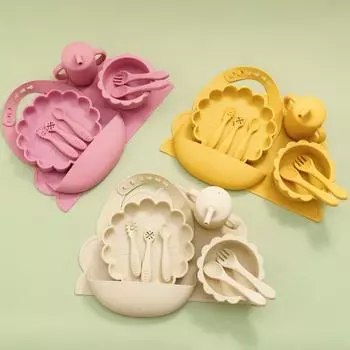 10PCS Baby Silicone Tableware Sets Waterproof Placemat Adjustable Bib Lion Shape Bowl Plate Soft Spoons Fork Portable Cup