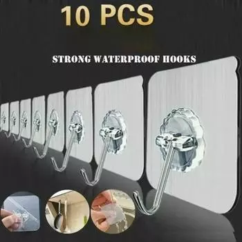 10Pcs Bathroom Transparent Wall Hooks Waterproof Oilproof Self Adhesive Hooks Reusable Seamless Hanging Hook Kitchen Hook