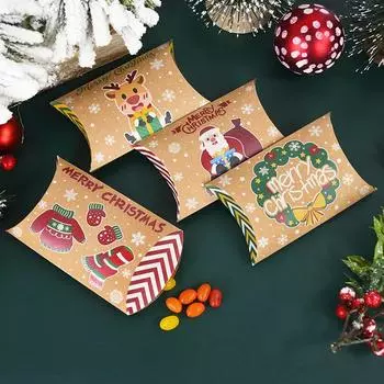 10pcs Christmas Pillow Candy Boxes Christmas Decoration For Home 2024 Xmas Kids Gift Box Navidad New Year Santa Packaging Bags 12x8cm