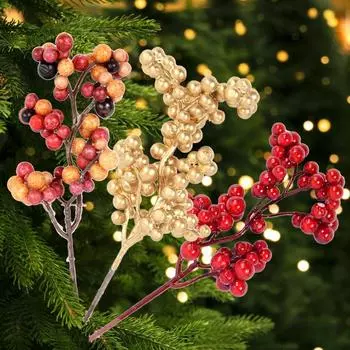 10Pcs Christmas Red Berry Branches Artificial Red Holly Berries Christmas Tree Decoration Ornaments New Year DIY Flower Wreath оранжевый