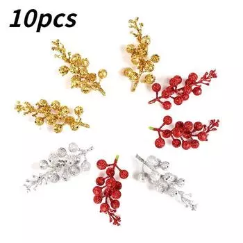 10PCS Christmas Red Fruit 12 Head Foam Dusting Berry with Wire Christmas Wreath Rattan Decoration Christmas Accessories золотой
