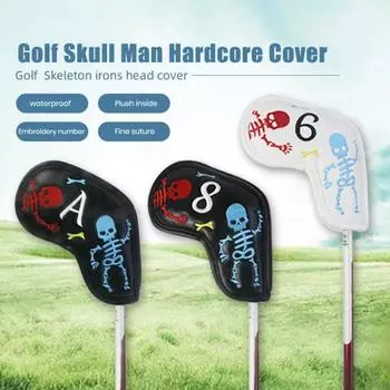 10Pcs Faux Leather Golf Club Head Covers Embroidered Skull Waterproof Golf Iron And чёрный