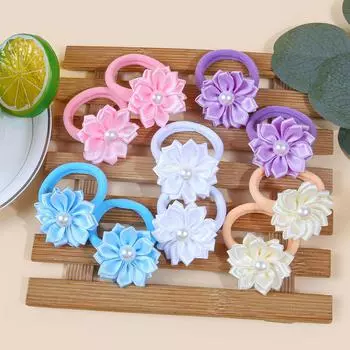 10pcs Flower Hair Ties Kids Girls Hair Bands Elastic Nylon Headband Pearl Floarl Ponytail Holder Hair Accessory for Girls