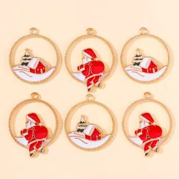 10Pcs Golden Alloy Round Hollow Out Santa Snow House Charms Pendant for DIY Christmas Ornament Earrings Bracelet Jewelry Making